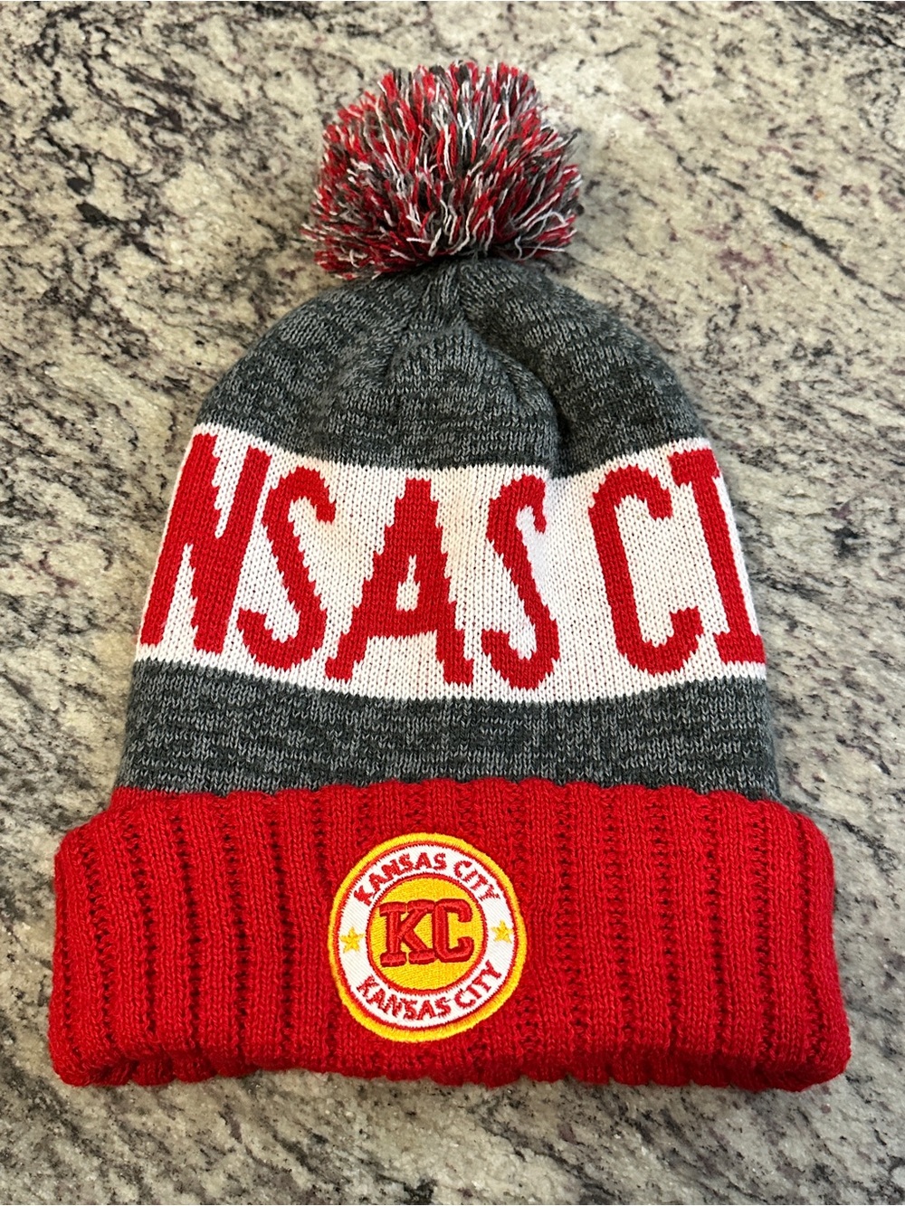 ⁠Kansas City Knit Beanie Pom Pom Winter Hat Red Grey White KC Patch ChoKoliish⁠